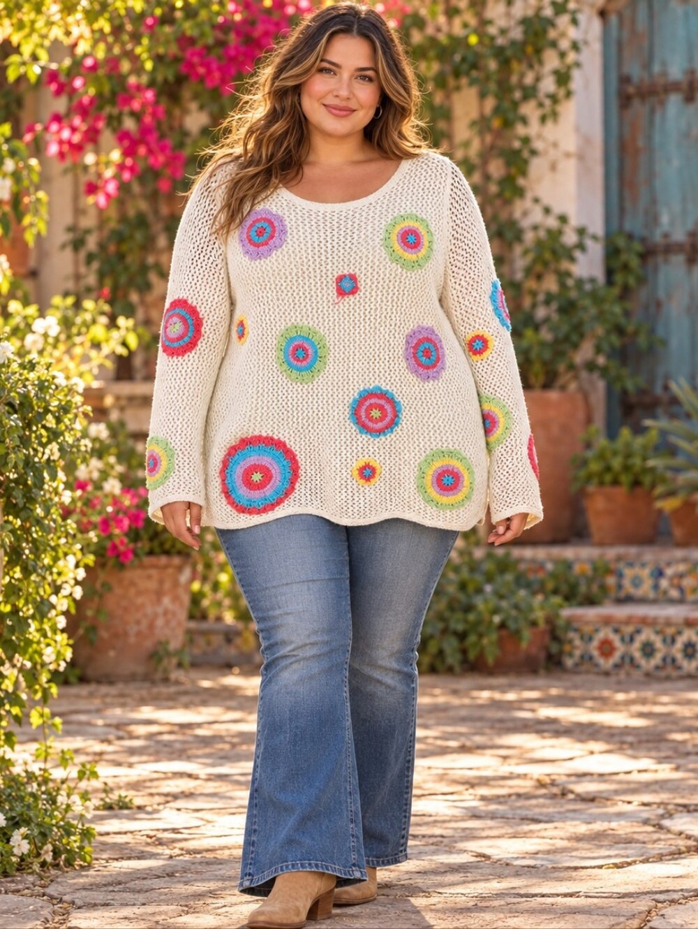 Studio Works 1X Ivory Crochet Open Knit Boho Sweater